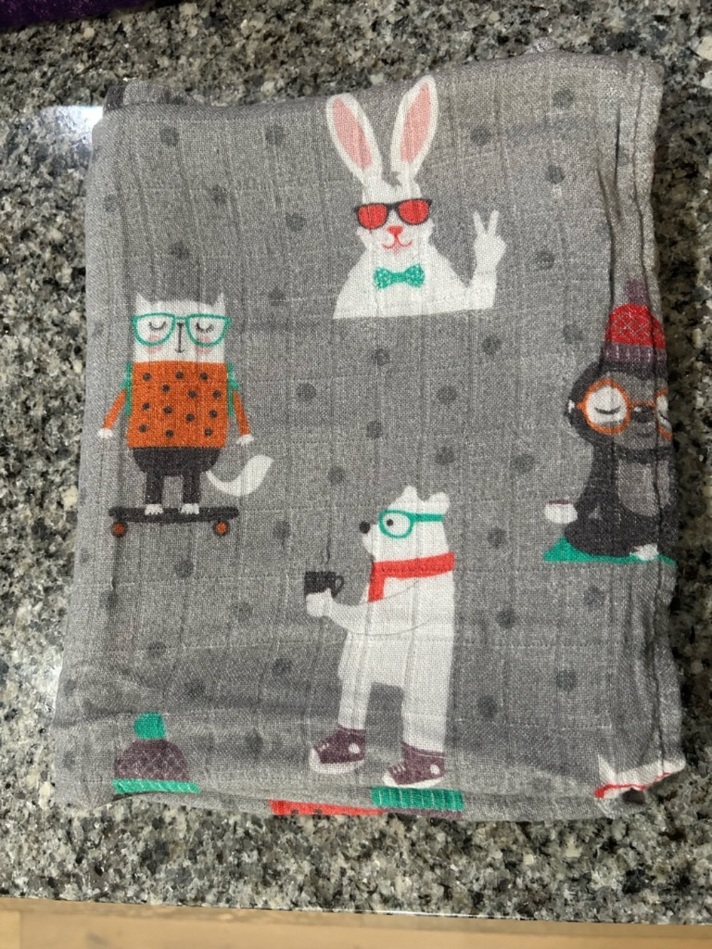Tula Baby Gray Animal Print Swaddle Blanket with Teal and Red Accents